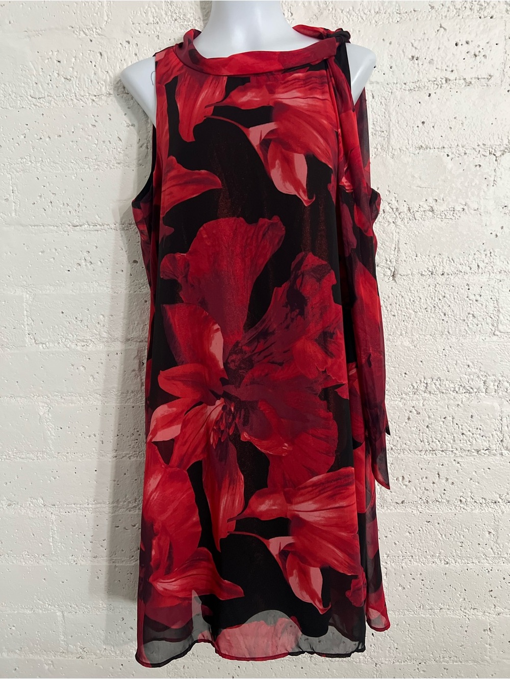 Robbie Bee Womens Dress 18 Red Black Sleeveless Lined A-Line Tie Shoulder AC2